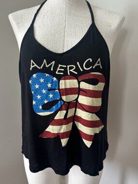 My Land Women's American Flag Stars and Stripes Ribbon Tank Top Large July 4th